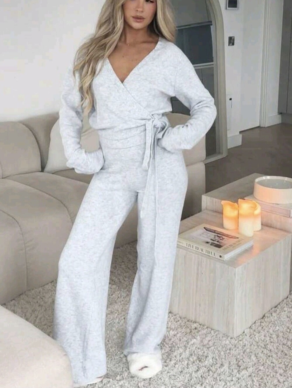 Fashionable Women's Light Gray Ribbed Knit 2 Pieces Sweater Set, Including